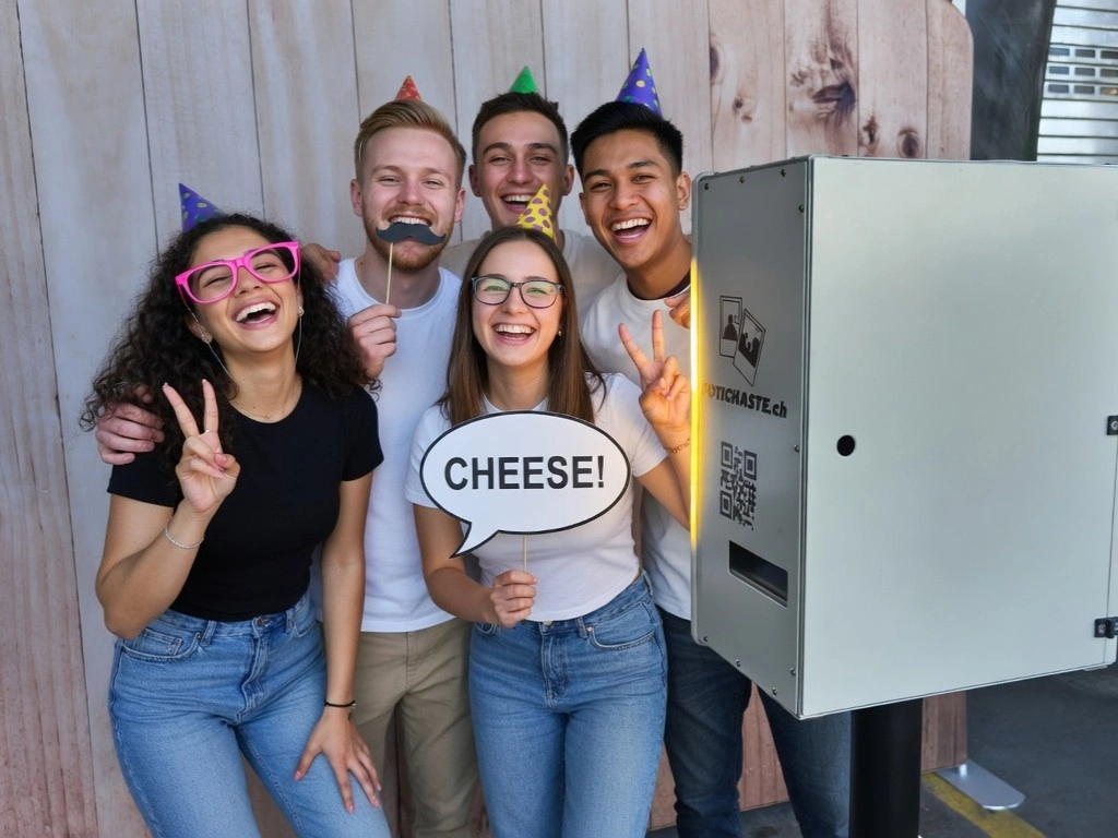 Mitarbeitende an der Fotobox mit Requisiten