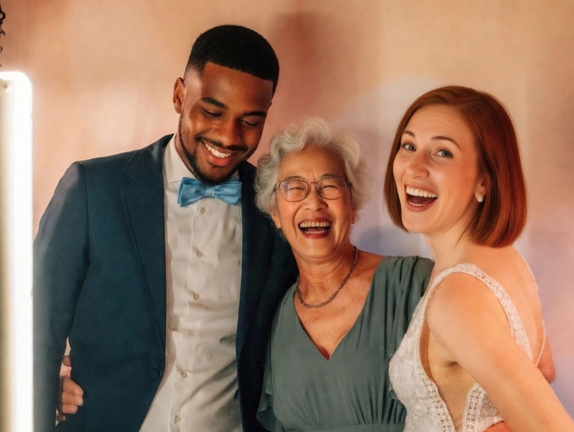 Gäste posieren vor dem Fotichaste an einer Hochzeit